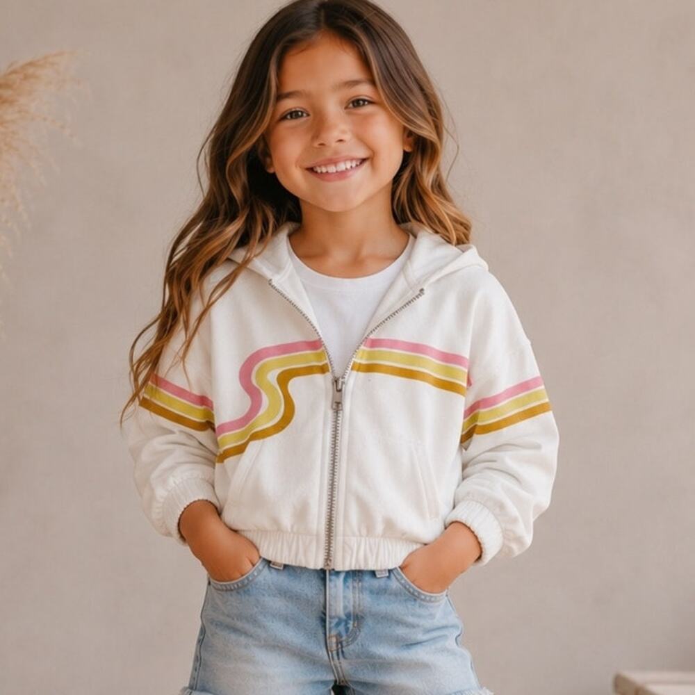 Stem Girls White Terry Stripe Zip Hoodie 6 Months